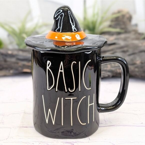 Rae Dunn BASIC WITCH Halloween Black/Orange Ceramic Mug w/ Witch Hat Lid Topper - Picture 1 of 7